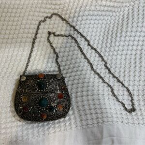 Vintage A' Sajai Sajai Metal Purse with Natural Agate Stones & Chain Strap